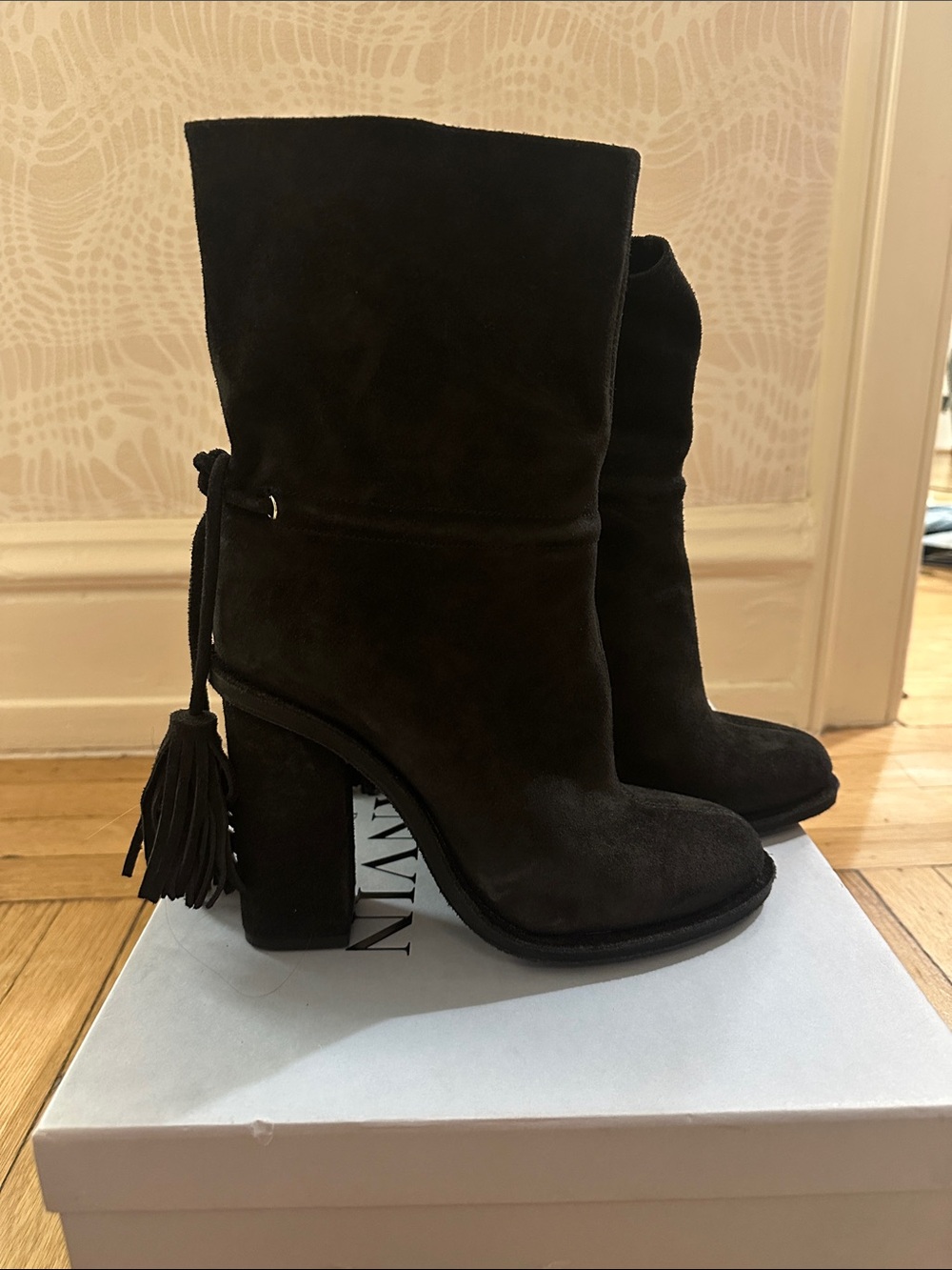 Lanvin Black Suede Tassel Block Heel Ankle Boots